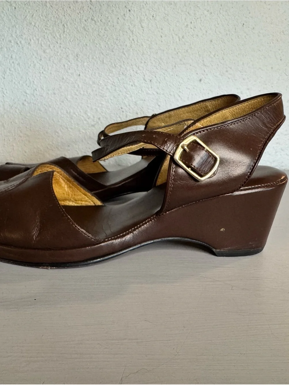 Vintage Re-Mix Women's Brown Leather Peep-Toe Slingback Wedge